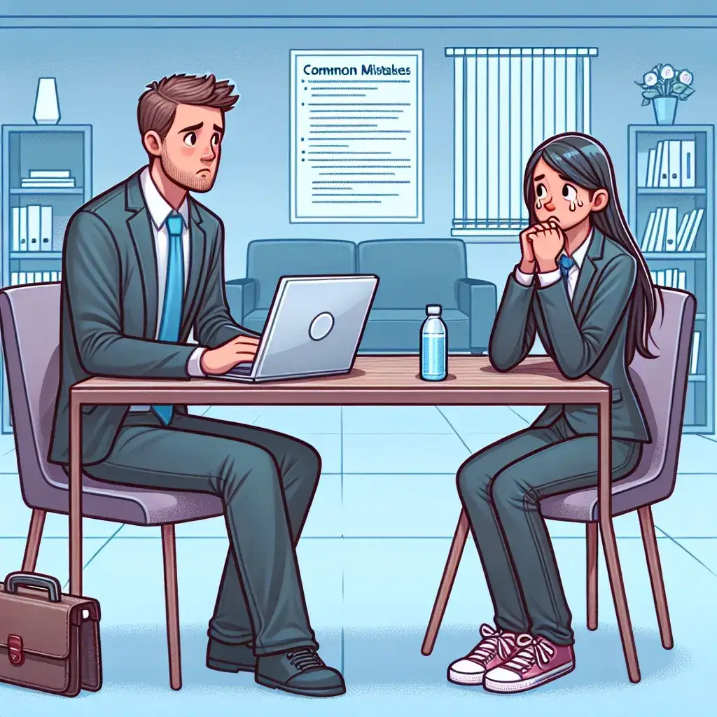 "Junior developer preparing for a technical interview, reviewing coding concepts and common interview mistakes, highlighting the importance of preparation and self-assessment."