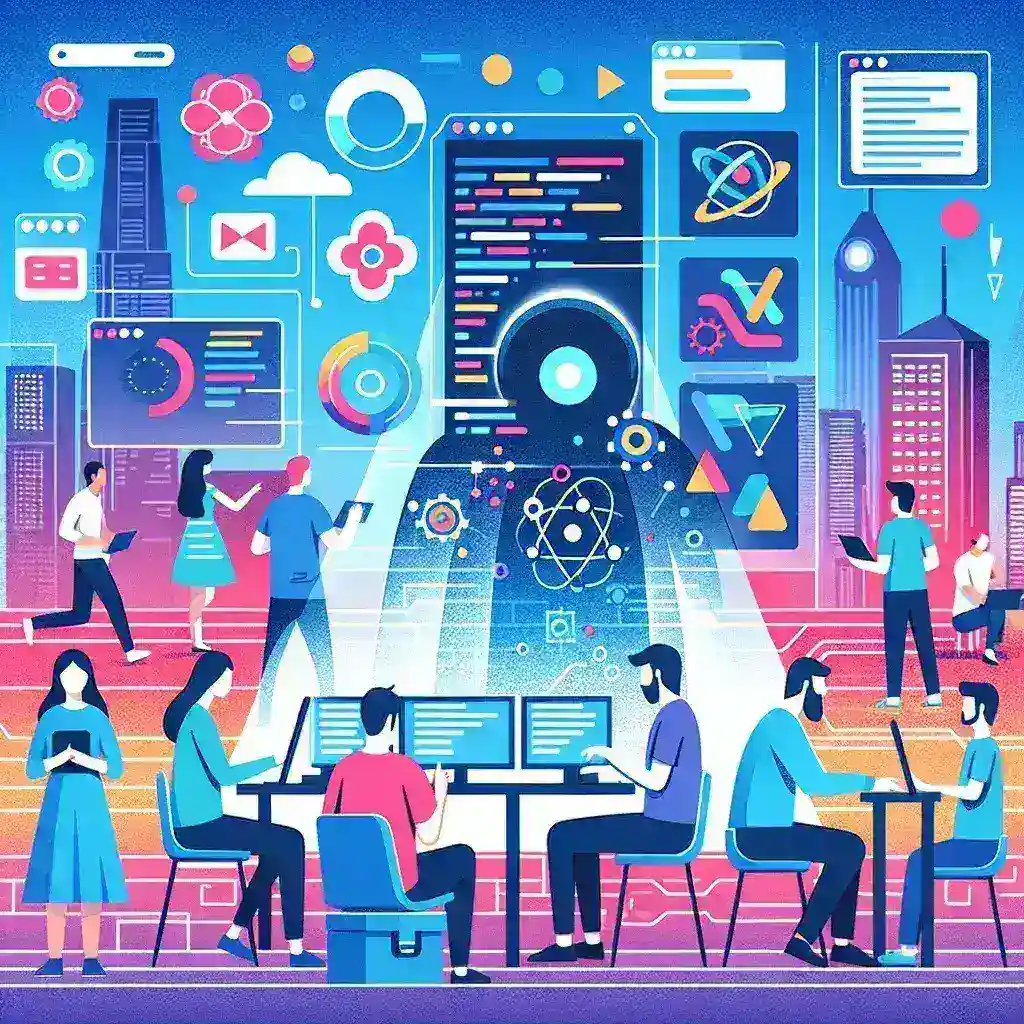 "Infographic highlighting the latest features and updates in React for 2025, including performance improvements, new hooks, and enhanced developer tools."