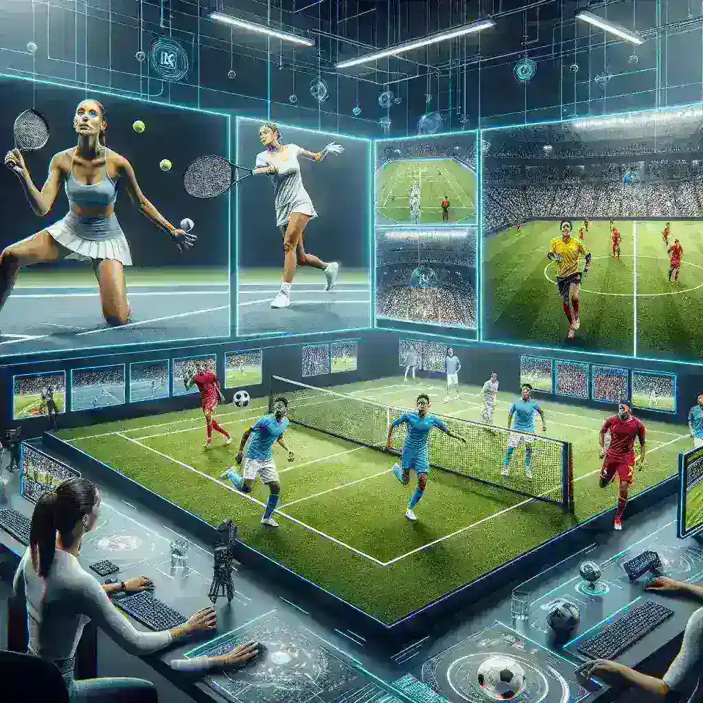 "An immersive view of a sports event showcasing low-latency 4K streaming technology with synchronized multi-angle replays, illustrating innovation in sports broadcasting."