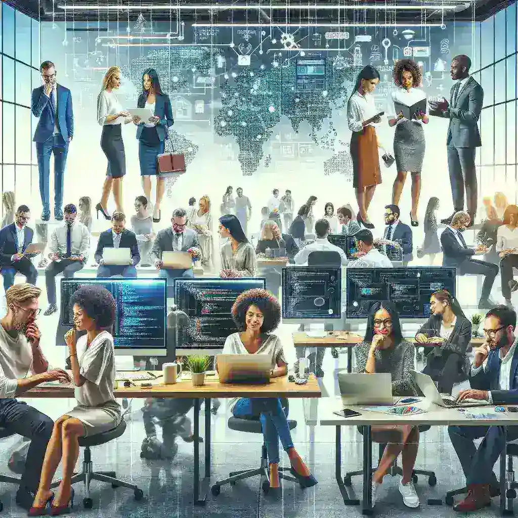 "Image of a diverse group of tech professionals collaborating around a laptop, illustrating the various paths to a tech career without a CS degree"