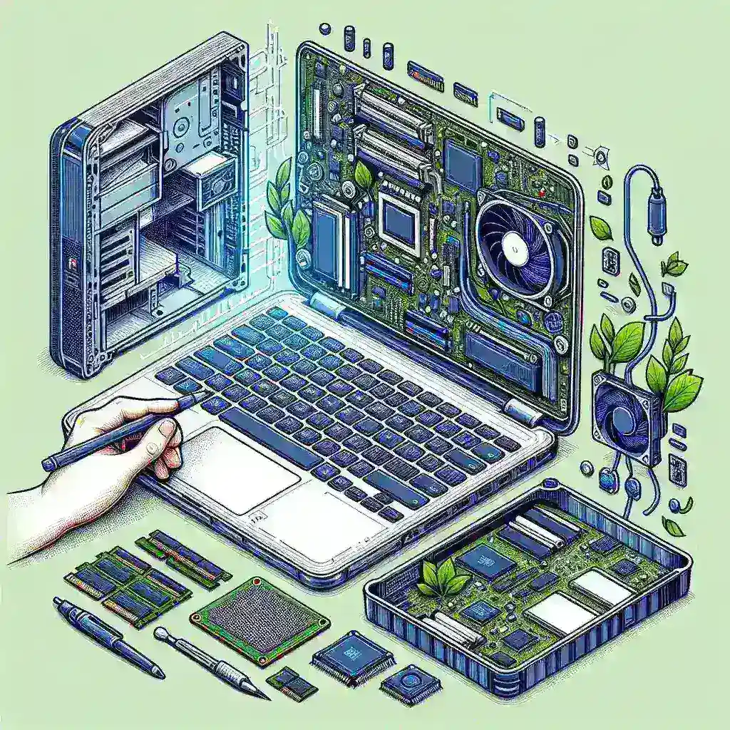 "Framework laptop showcasing a modular design with reused parts in a desktop-style case, emphasizing sustainability and eco-friendly technology solutions."